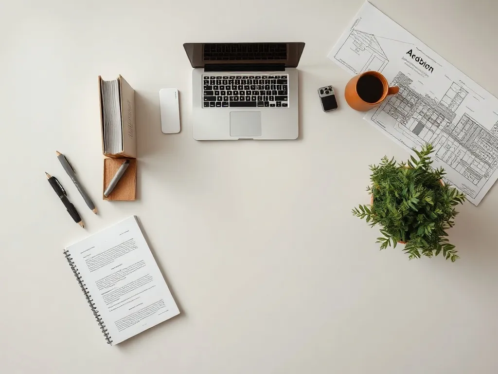 Professional clean workspace with books, a laptop, and archi