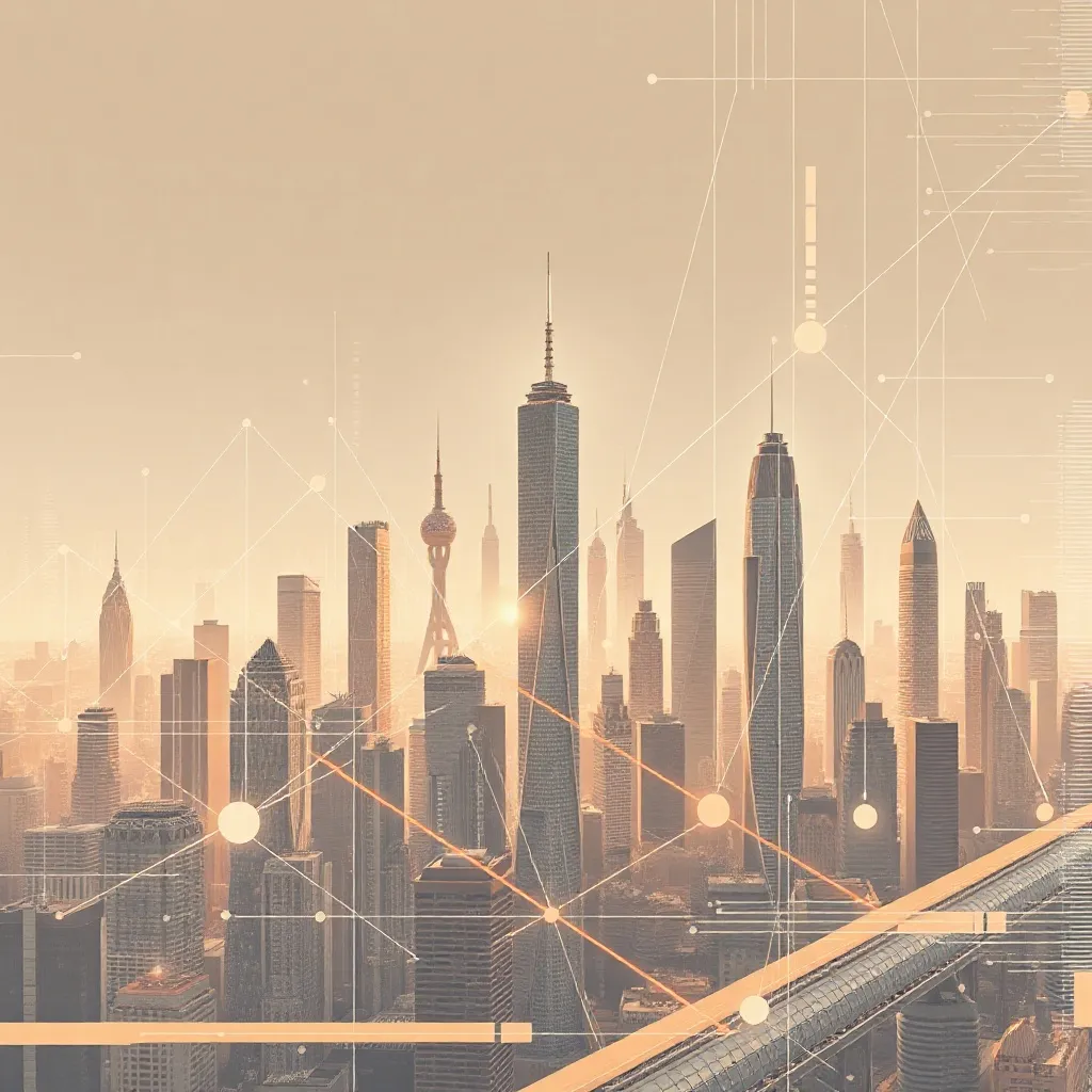 A high-tech digital representation of a futuristic city skyl